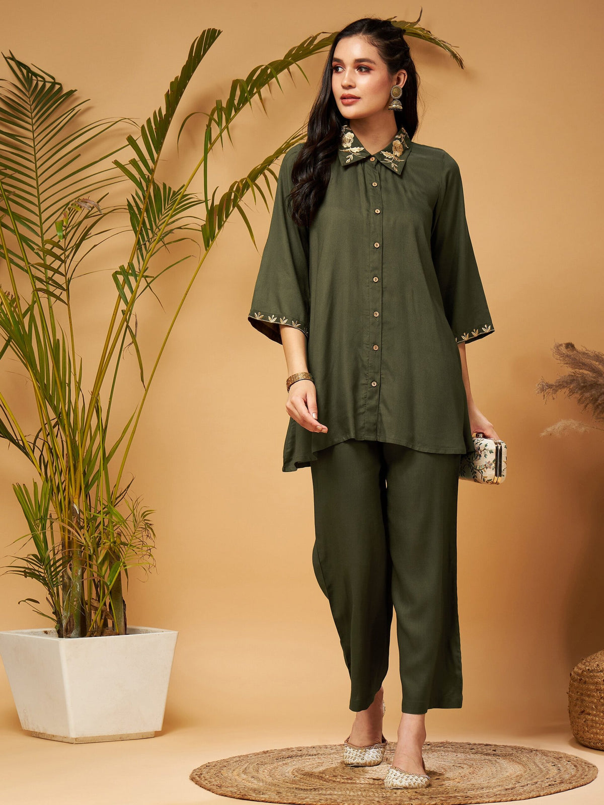 Women Olive Zari Embroidered Shirt Collar Top With Palazzos