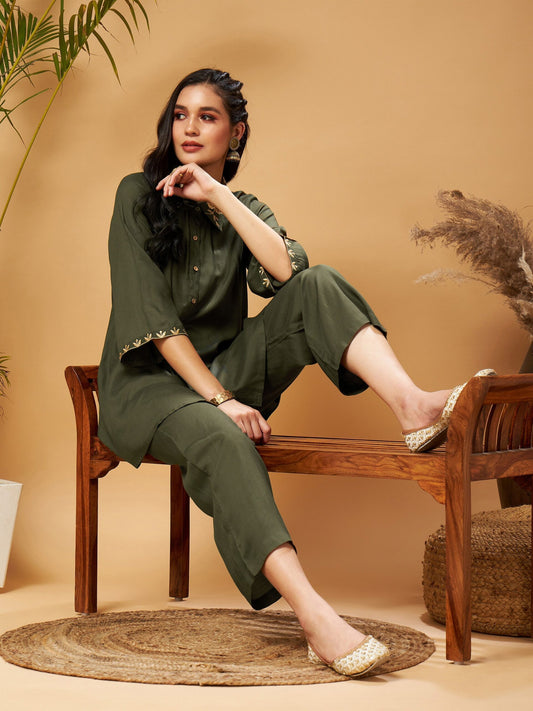 Women Olive Zari Embroidered Shirt Collar Top With Palazzos