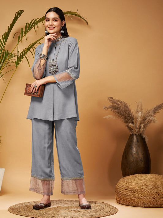 Women Grey Embroidered Top With Palazzos