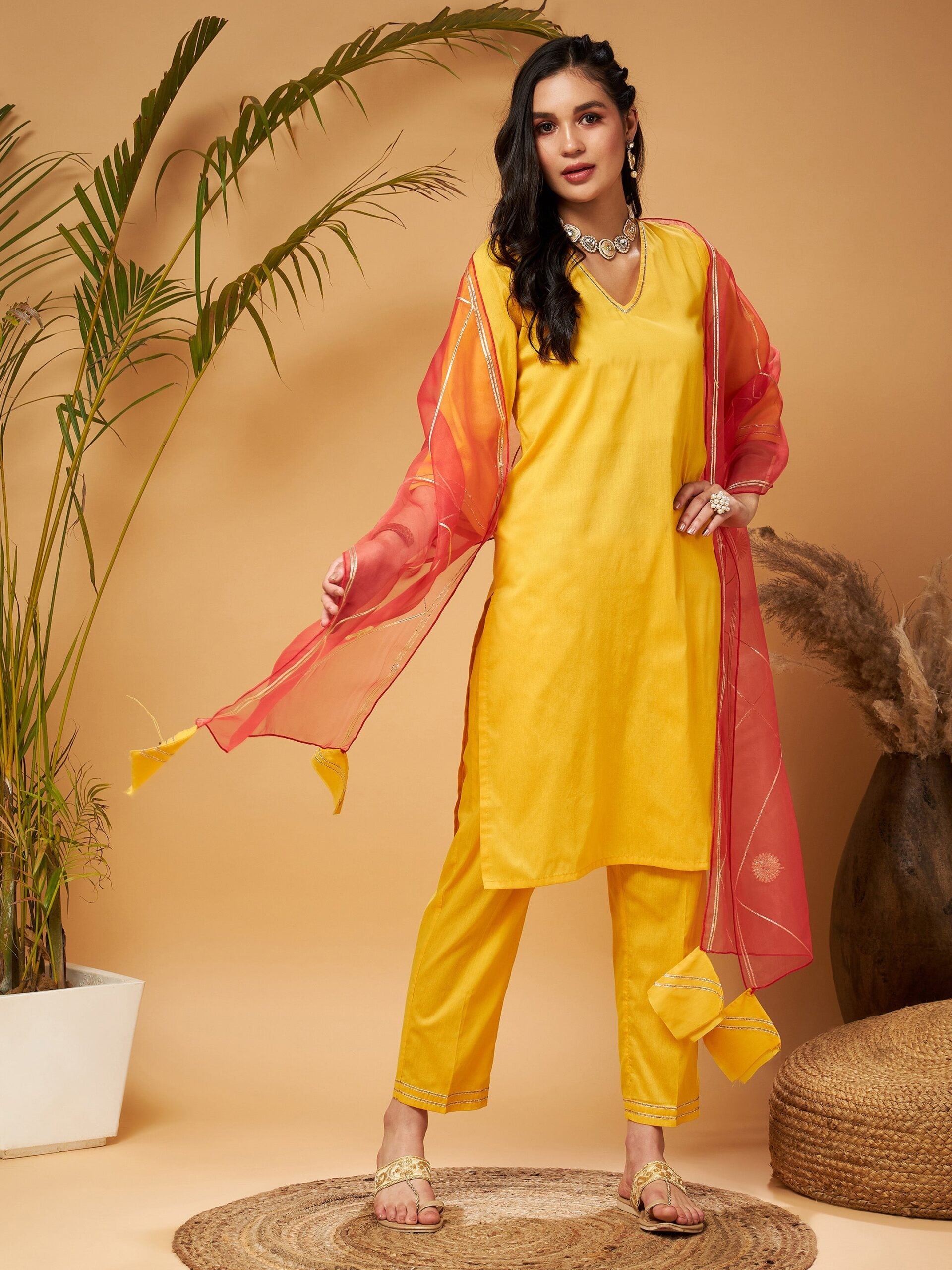 Women Yellow Kurta Set With Rust Organza Dupatta