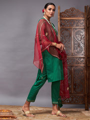 Women Green Kurta Set With Maroon Organza Dupatta