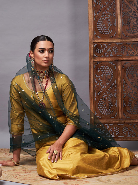 Women Mustard Kurta Set With Green Net Sequins Dupatta