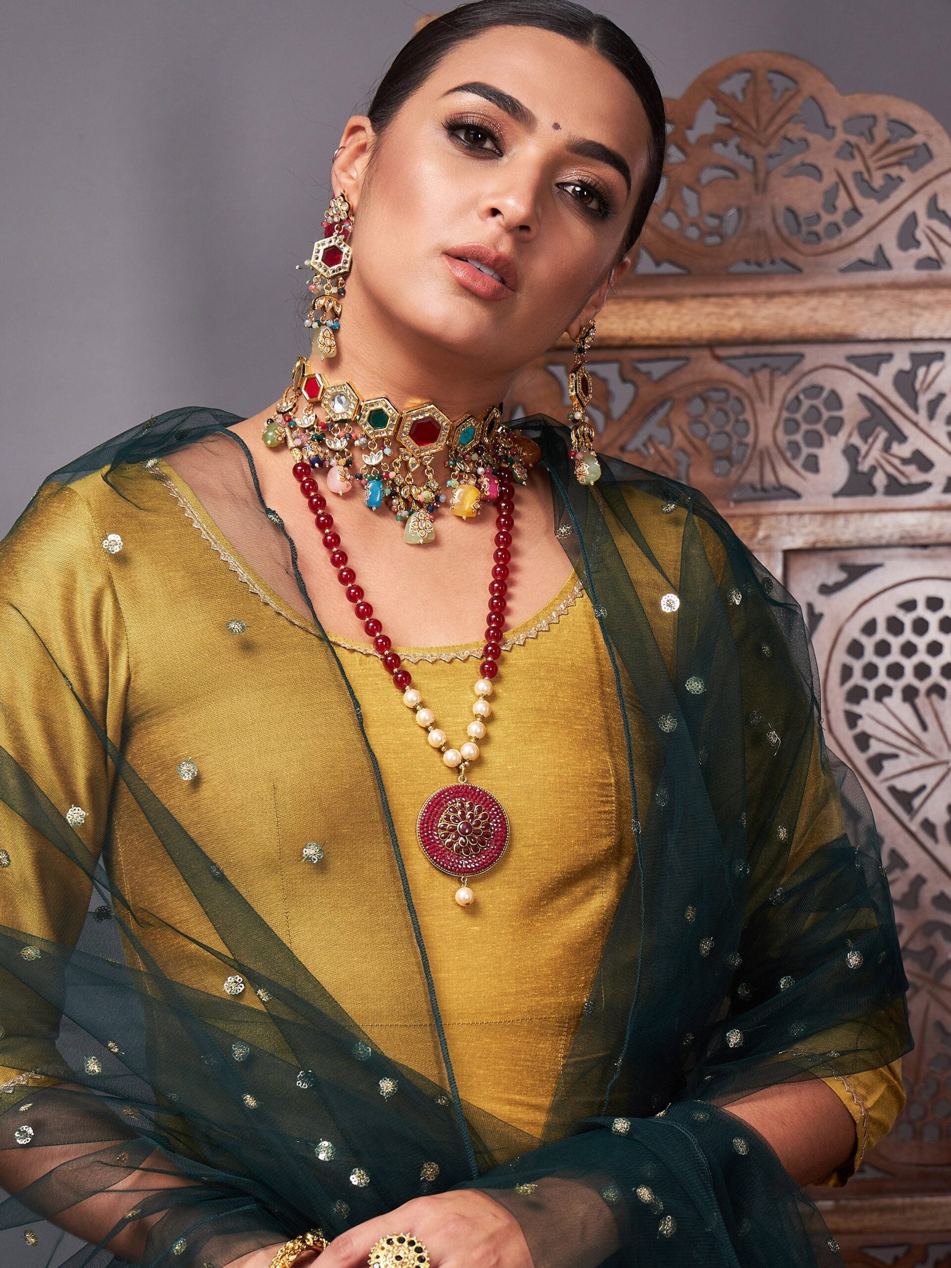 Women Mustard Kurta Set With Green Net Sequins Dupatta