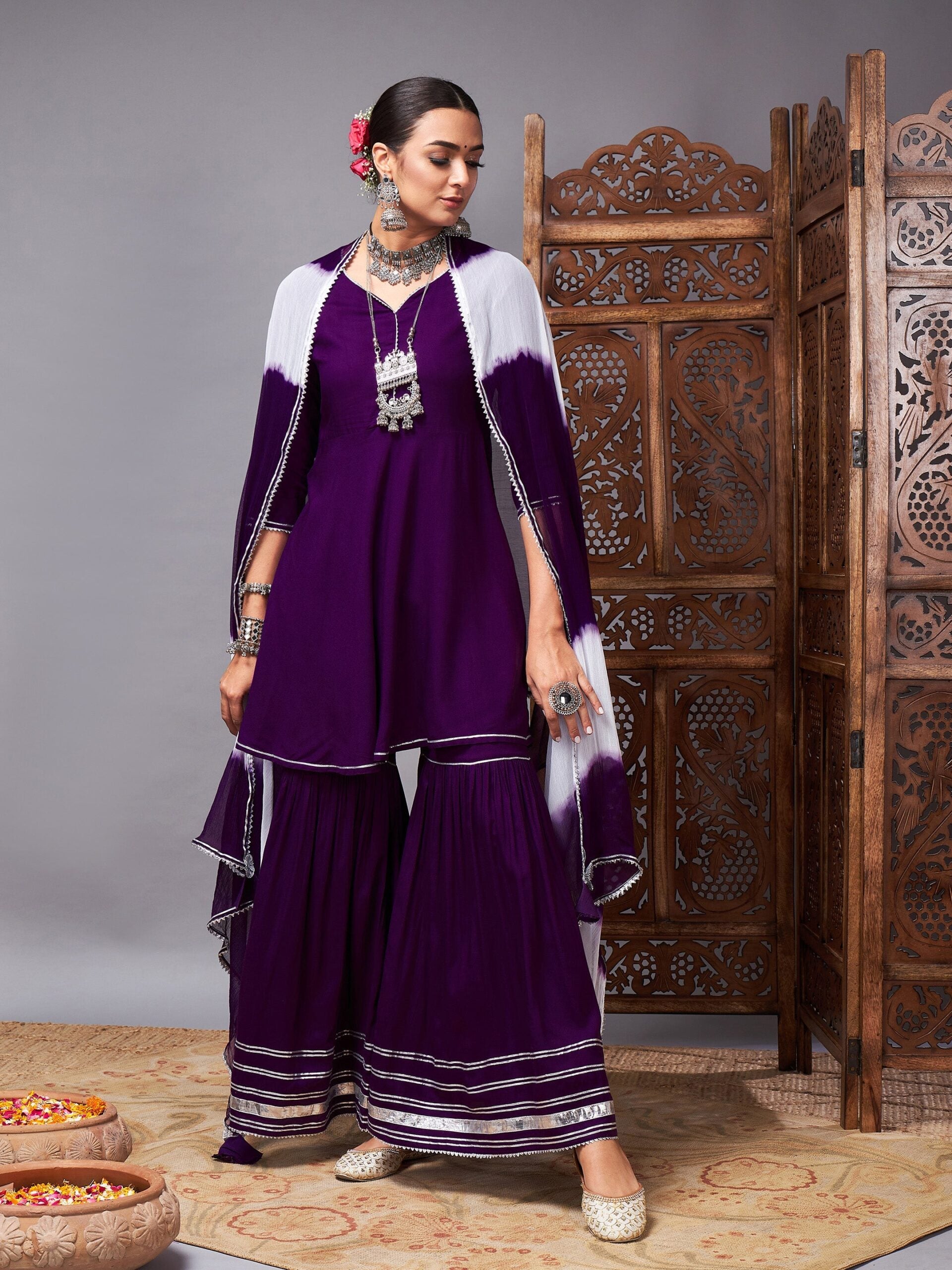 Women Purple Short Kurta With Sharara & Lehariya Dupatta