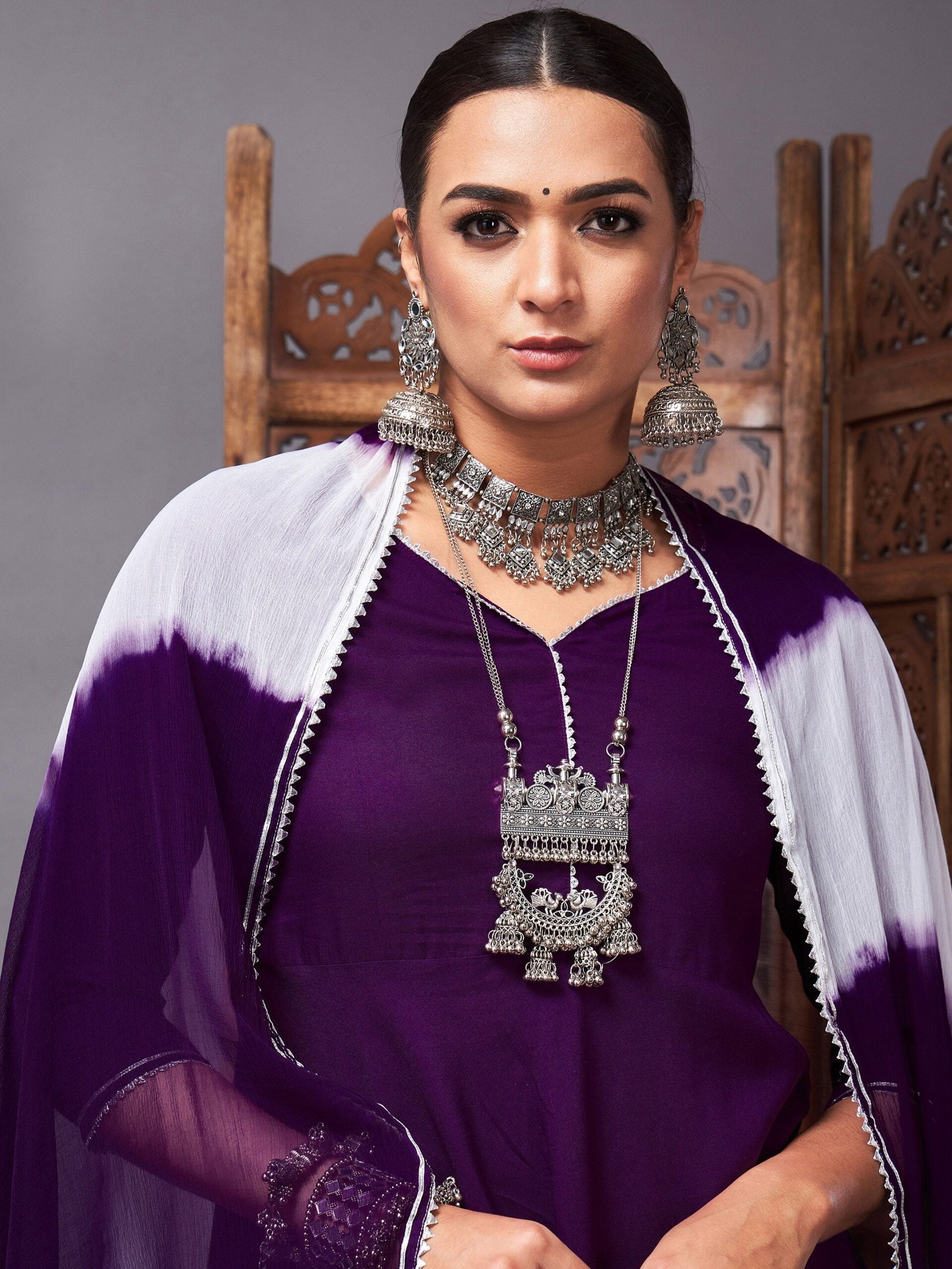 Women Purple Short Kurta With Sharara & Lehariya Dupatta