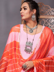 Women Pink Kurta Set With Orange Lehariya Dupatta