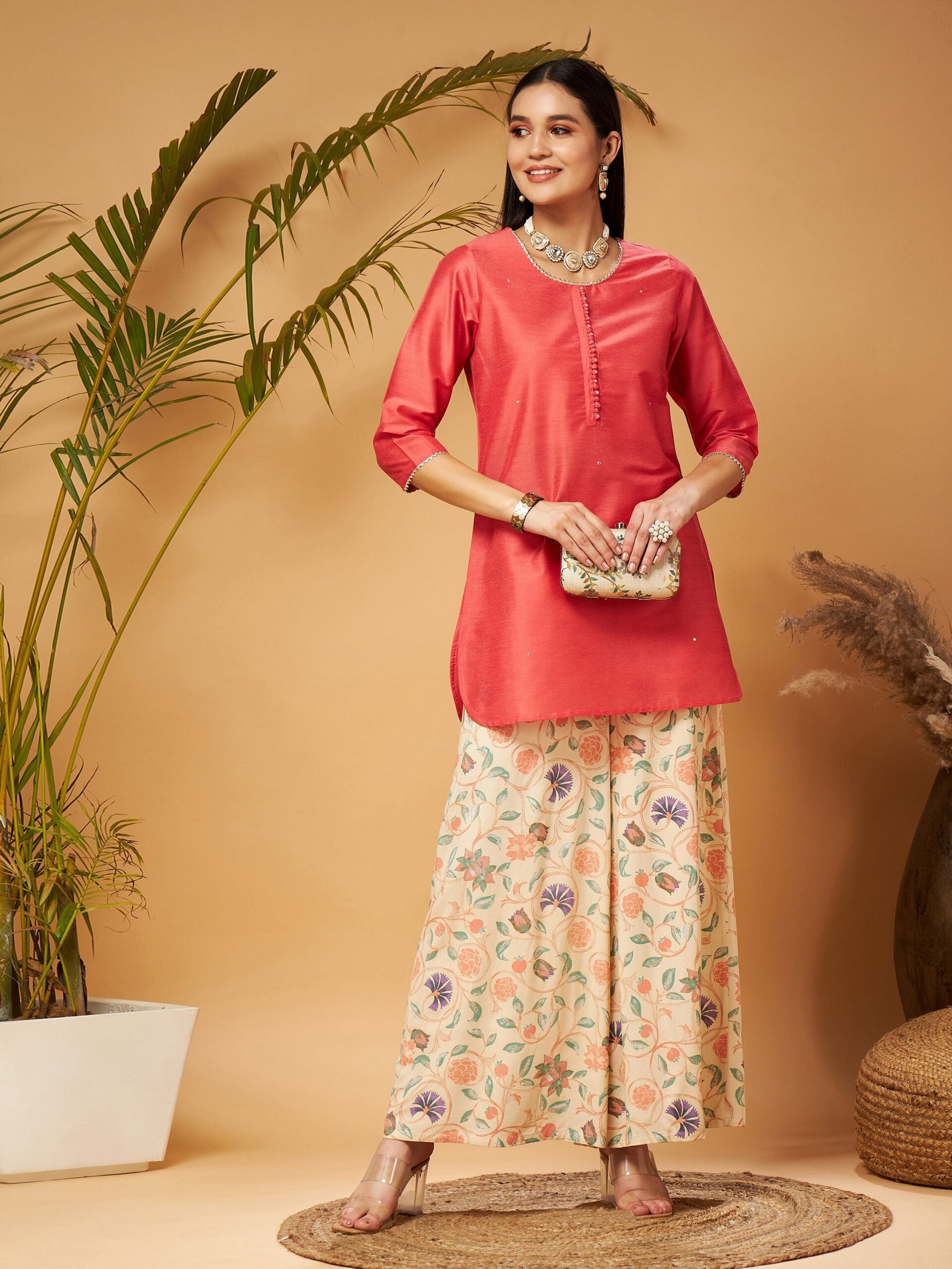 Women Pink Short Kurta With Beige Printed Flared Palazzos