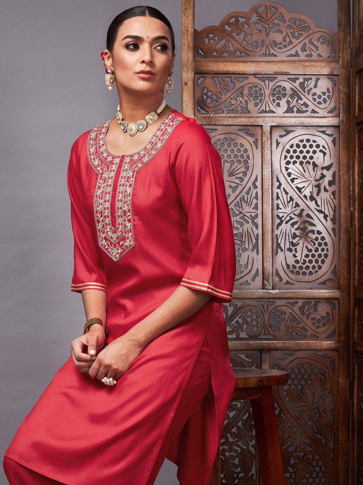 Women Red Gota Embroidered Kurta with Pants