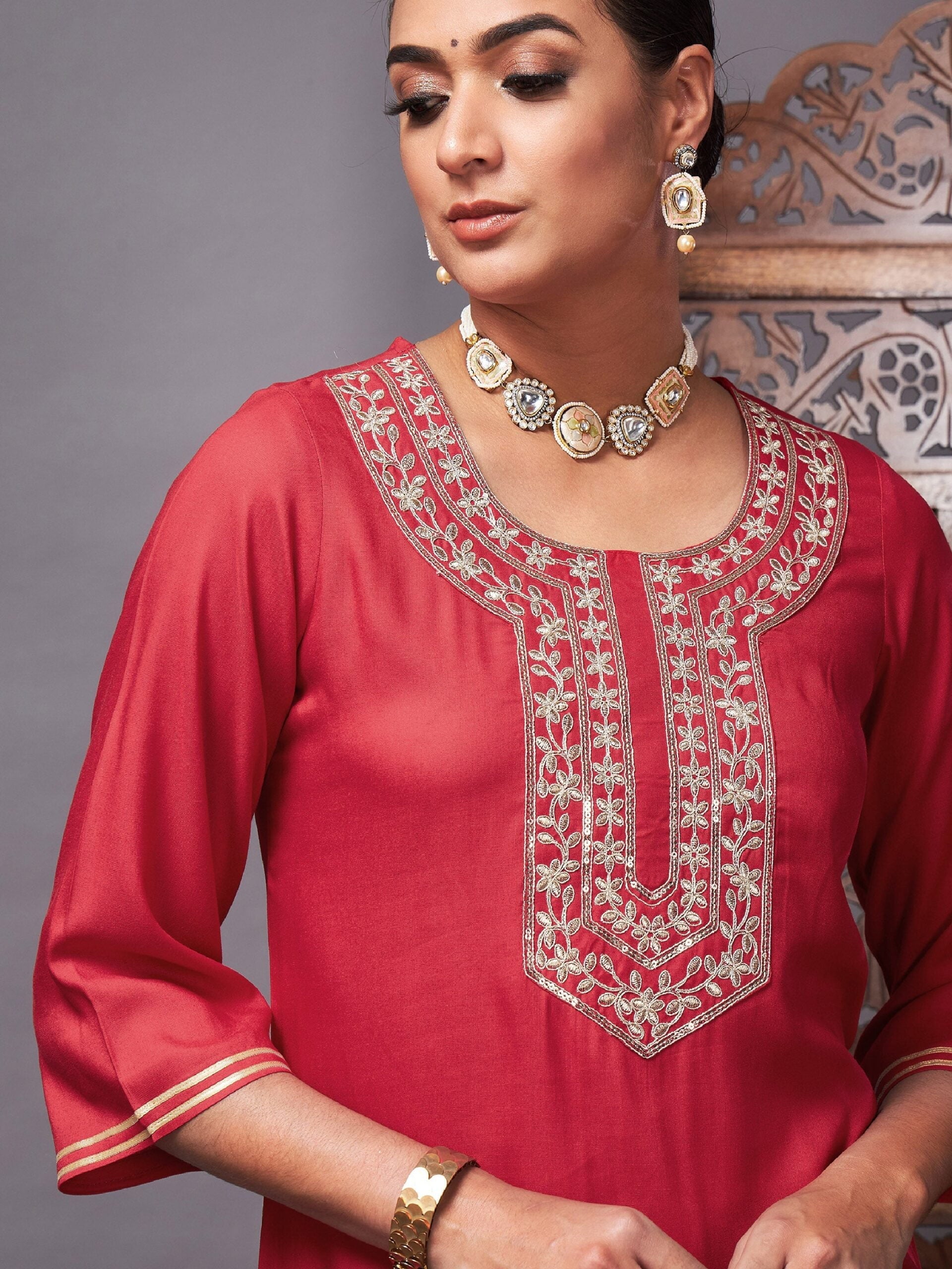 Women Red Gota Embroidered Kurta with Pants