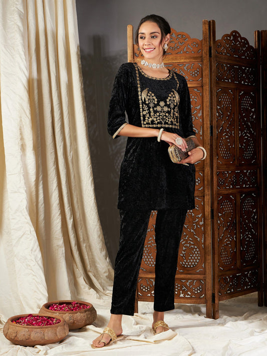 Women Black Velvet Embroidered Yoke Short Kurta With Pants