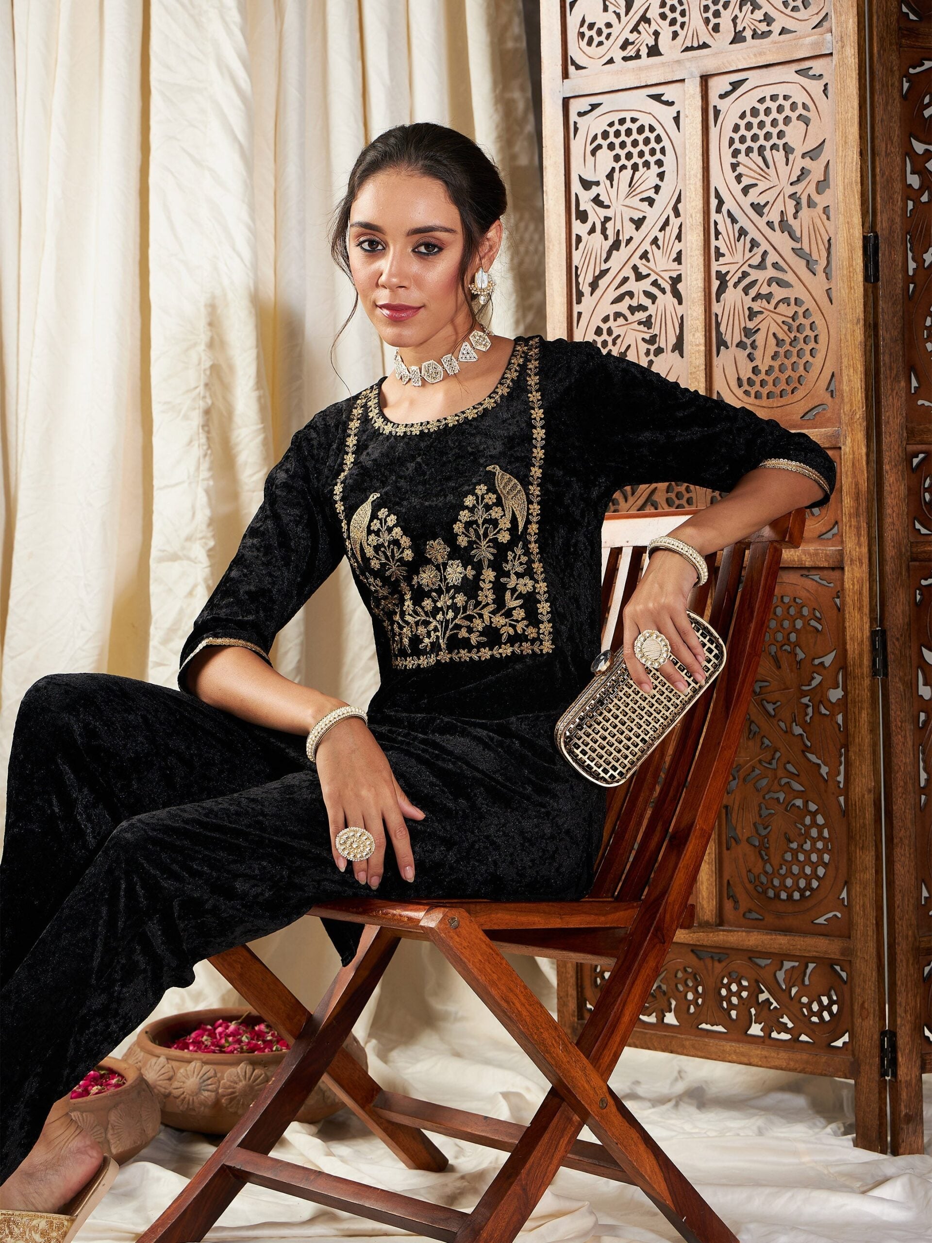 Women Black Velvet Embroidered Yoke Short Kurta With Pants