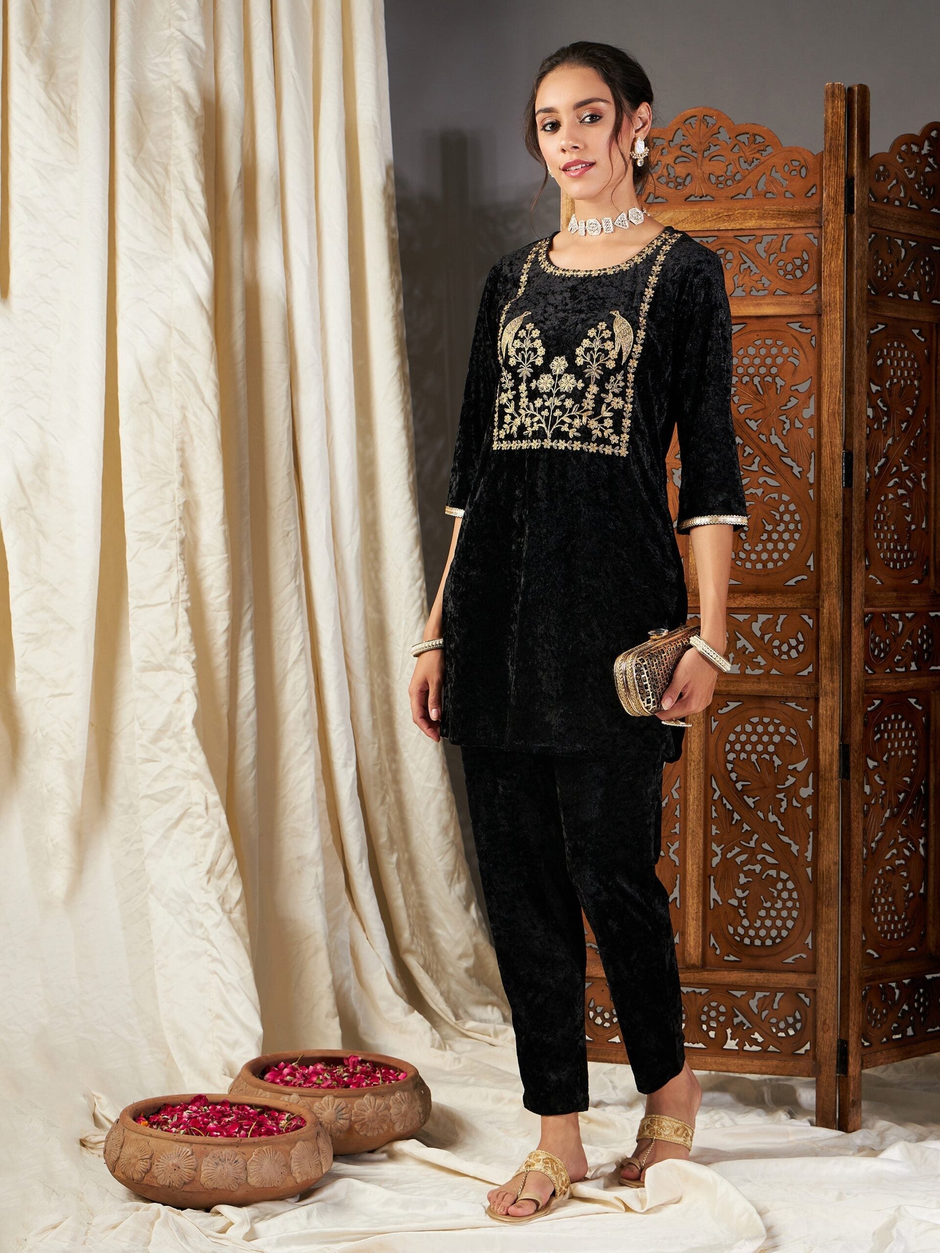 Women Black Velvet Embroidered Yoke Short Kurta With Pants