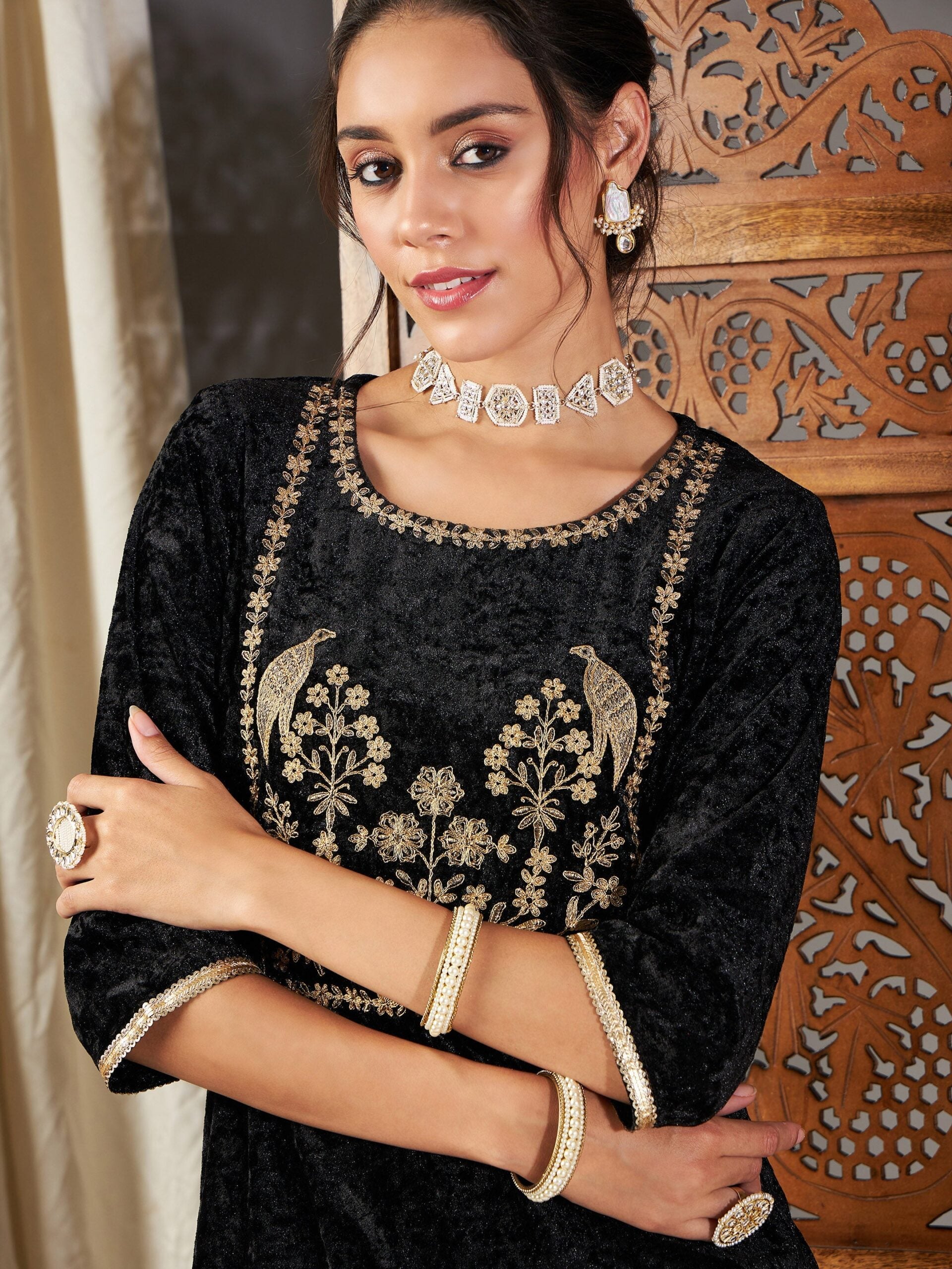 Women Black Velvet Embroidered Yoke Short Kurta With Pants