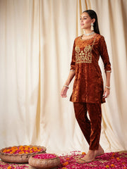 Women Rust Velvet Embroidered Yoke Short Kurta With Pants