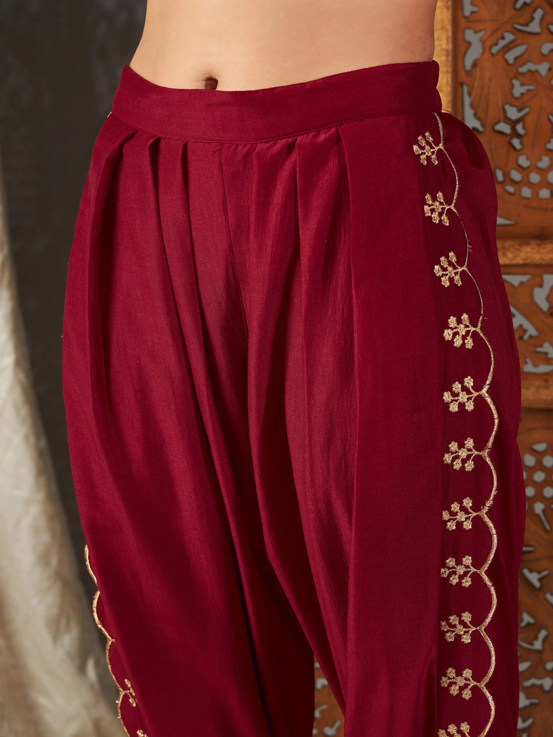 Women Maroon Zari Embroidered Peplum Top With Dhoti Pants