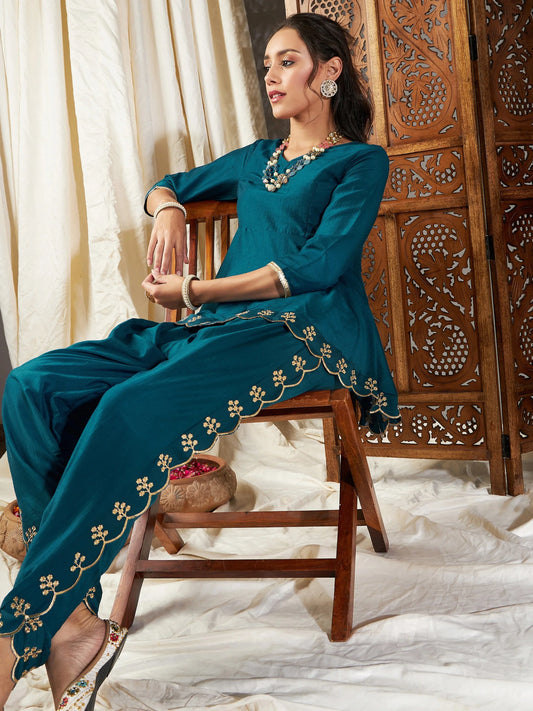 Women Teal Zari Embroidered Peplum Top With Dhoti Pants