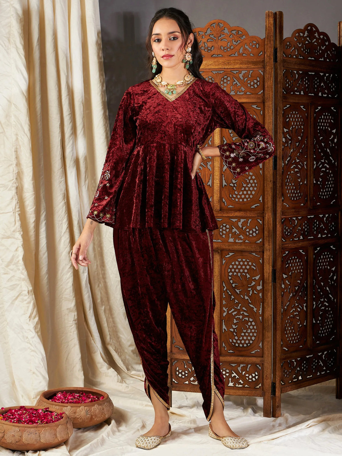 Women Maroon Velvet Embroidered Peplum Kurta With Dhoti Pants