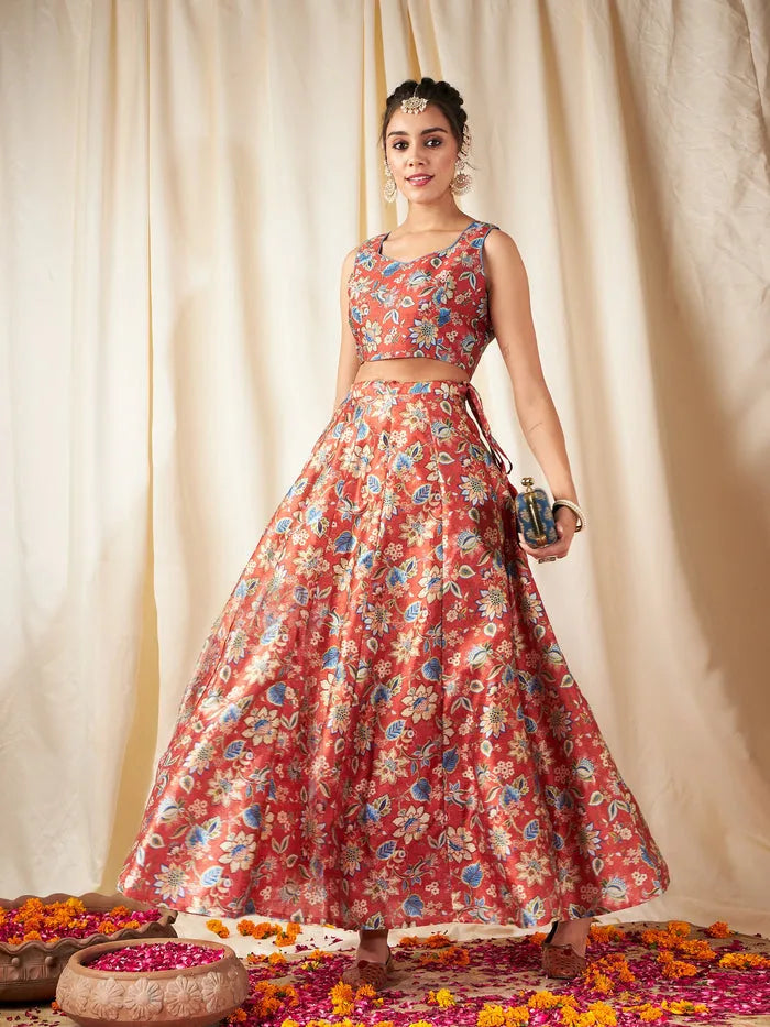 Women Orange Floral Anarkali Skirt With Crop Top