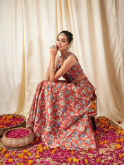 Women Orange Floral Anarkali Skirt With Crop Top