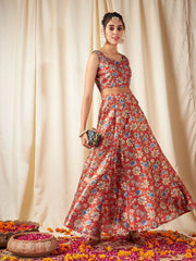 Women Orange Floral Anarkali Skirt With Crop Top