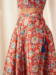 Women Orange Floral Anarkali Skirt With Crop Top