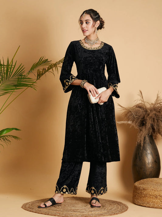 Women Black Velvet Embroidered Dress With Pants