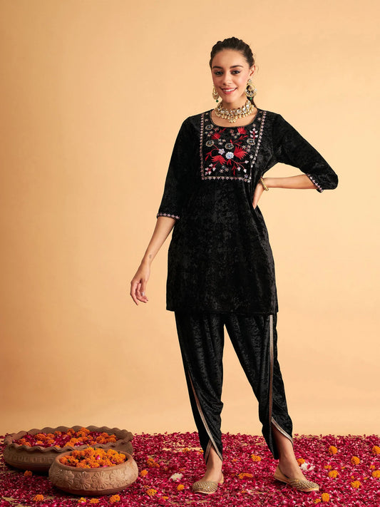 Women Black Velvet Embroidered Short Kurta With Dhoti Pants