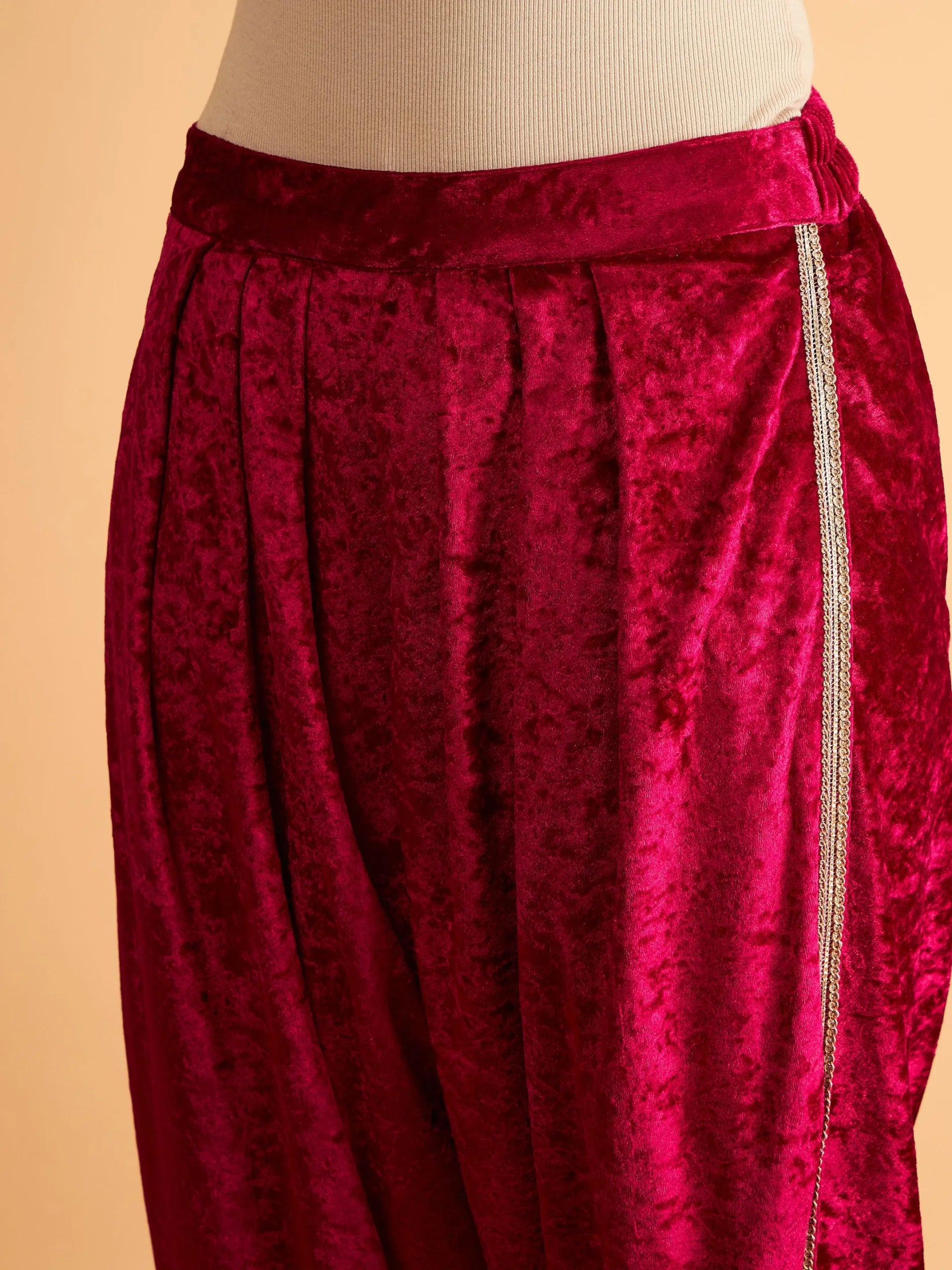 Women Fuchsia Velvet Embroidered Short Kurta With Dhoti Pants