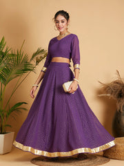 Women Purple Dot Foil Print Anarkali Skirt With Crop Top