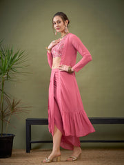 Women Pink Crop Top With Dhoti Skirt & Shrug