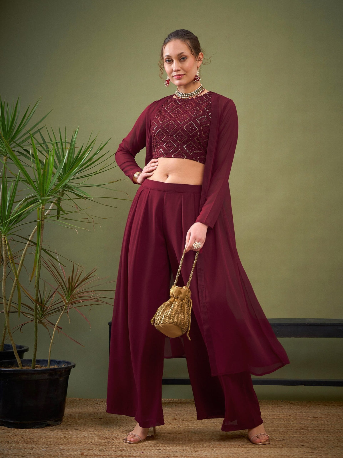 Women Maroon Crop Top With Palazzos & Shrug