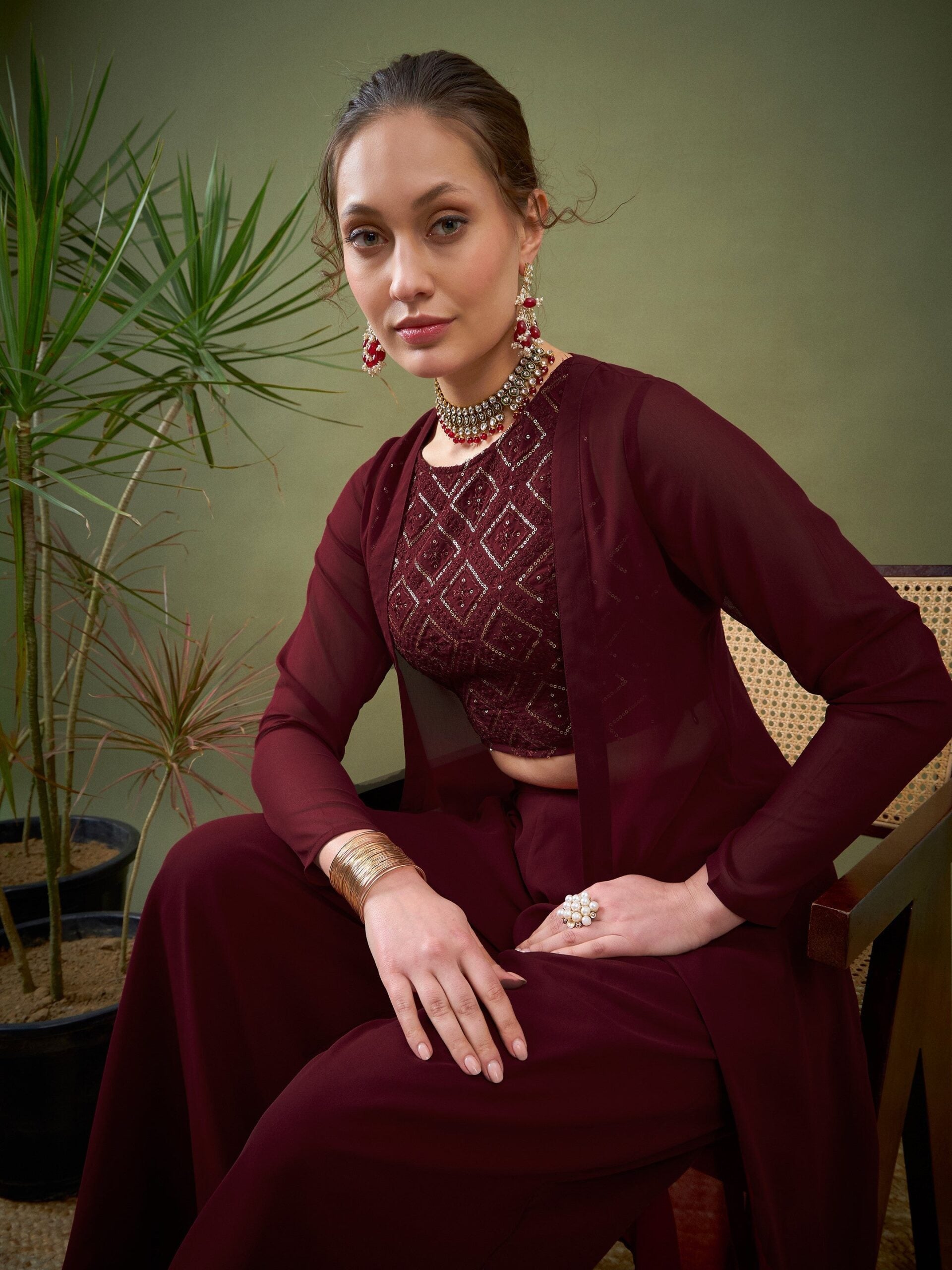 Women Maroon Crop Top With Palazzos & Shrug