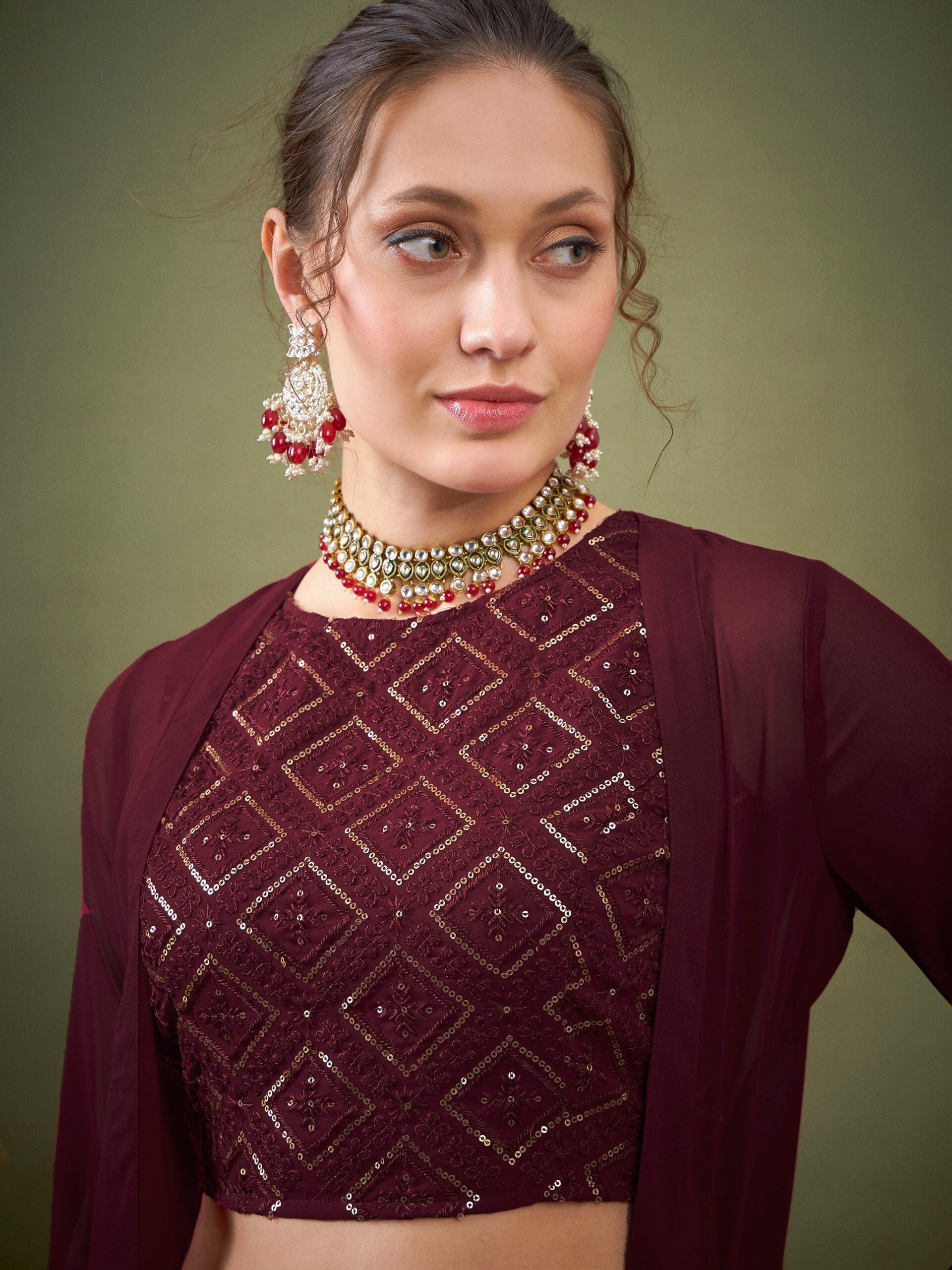 Women Maroon Crop Top With Palazzos & Shrug