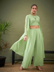 Women Mint Green Crop Top With Palazzos & Shrug