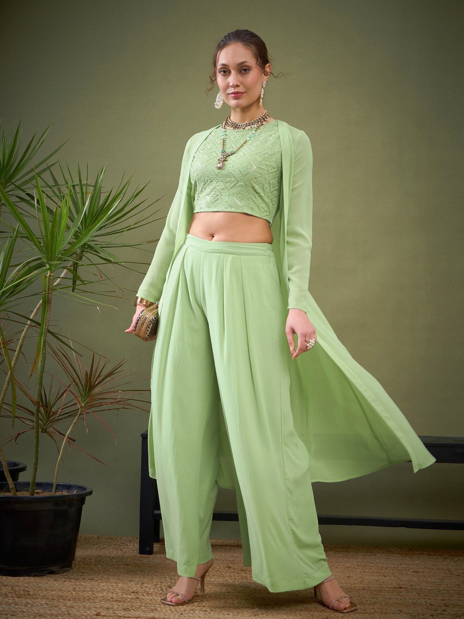 Women Mint Green Crop Top With Palazzos & Shrug