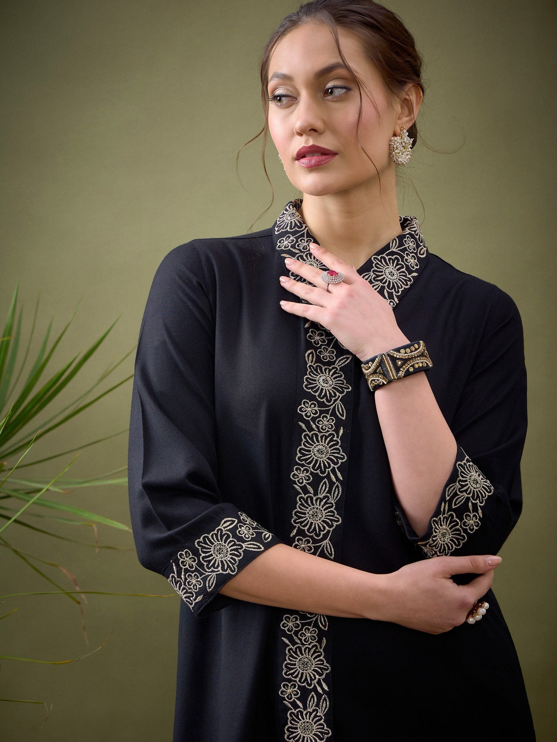 Women Black Collar And Placket Embroidered Shirt With Palazzos