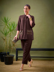 Women Brown Embroidered Pocket Shirt With Palazzos