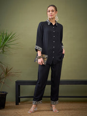 Women Black Embroidered Shirt With Palazzos