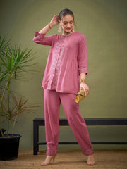 Women Pink Front Embroidered Shirt With Palazzos