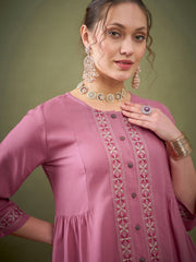 Women Pink Front Embroidered Shirt With Palazzos