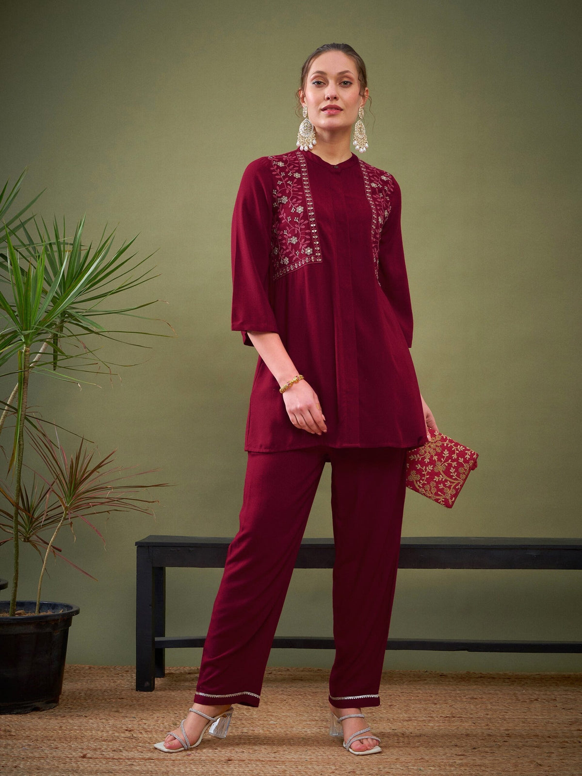 Women Maroon Yoke Embroidered Shirt With Palazzos