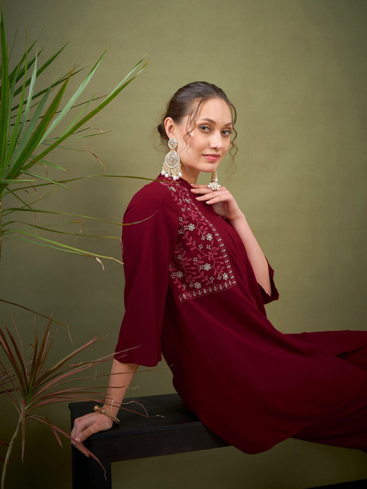 Women Maroon Yoke Embroidered Shirt With Palazzos