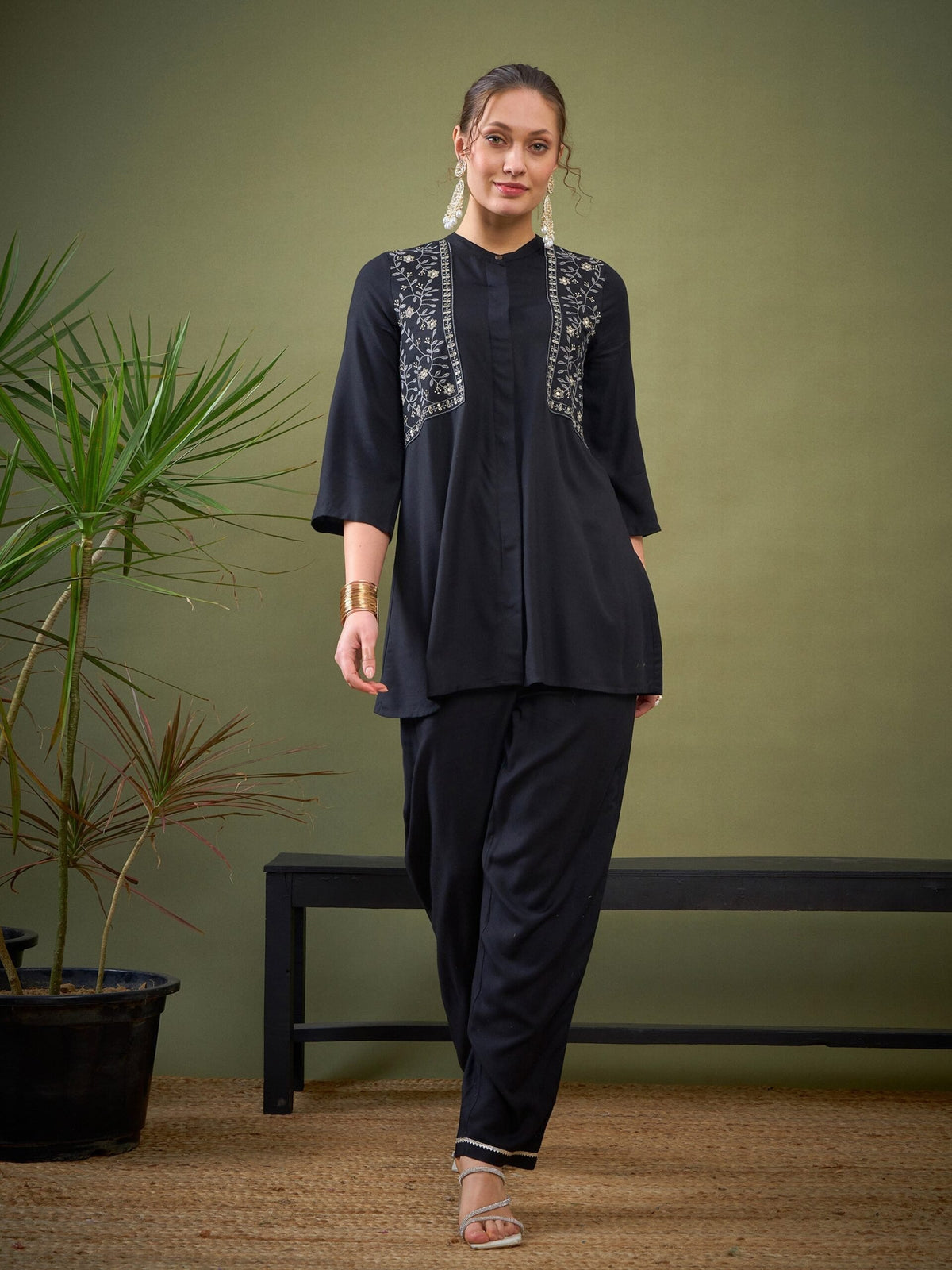 Women Black Yoke Embroidered Shirt With Palazzos