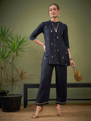 Women Black Rayon Mirror Embroidered Shirt With Palazzos