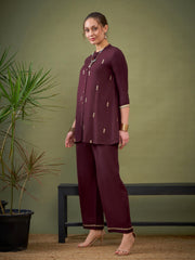 Women Burgundy Rayon Mirror Embroidered Shirt With Palazzos