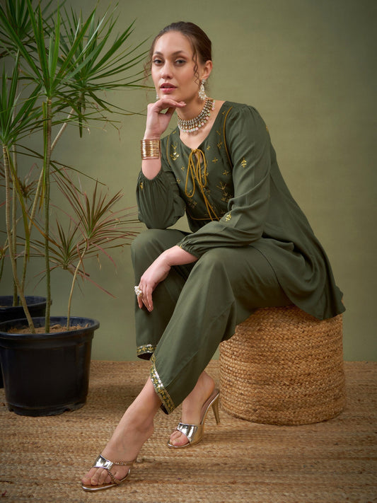 Women Olive Embroidered Peplum Top With Palazzos