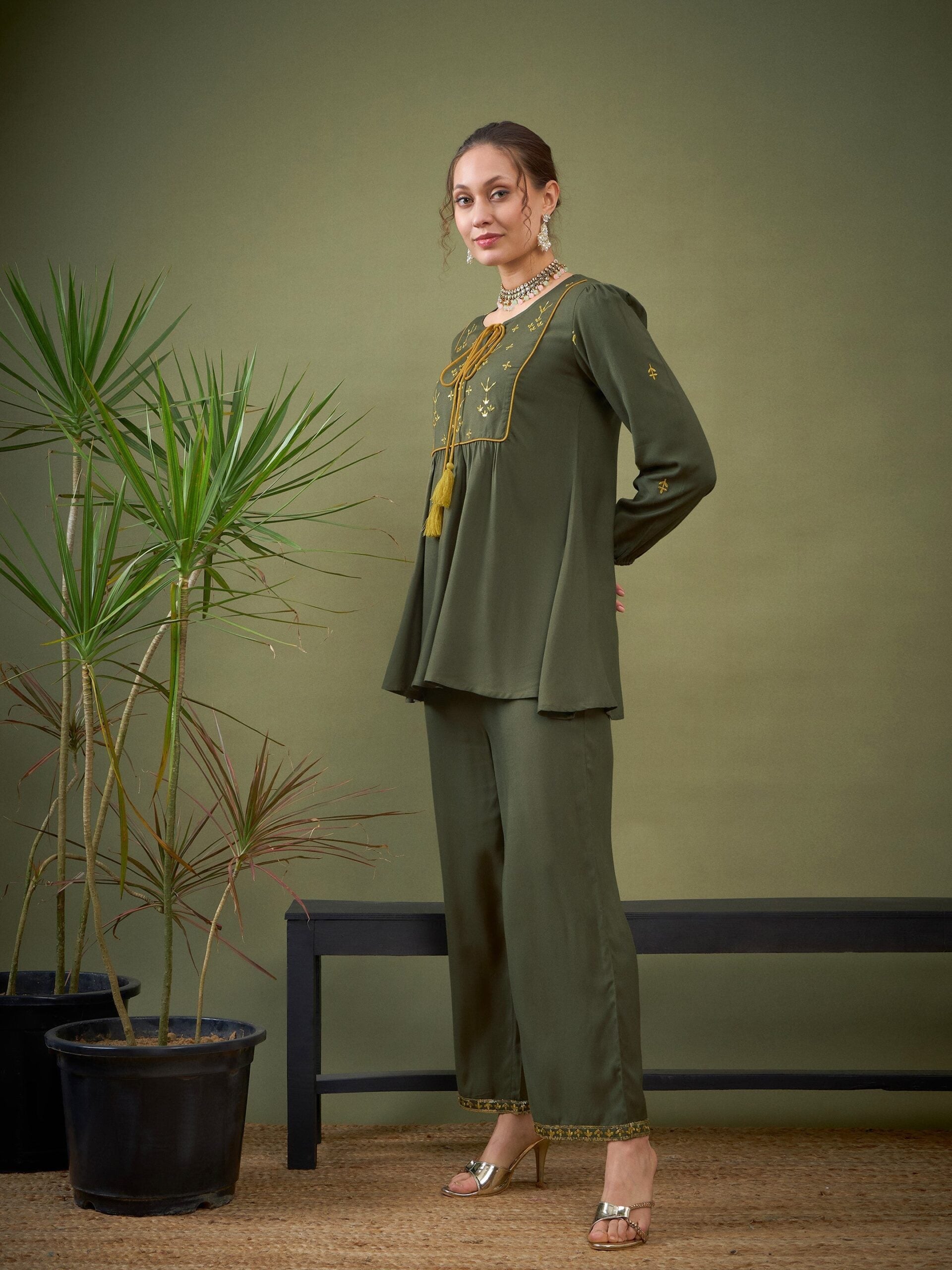 Women Olive Embroidered Peplum Top With Palazzos