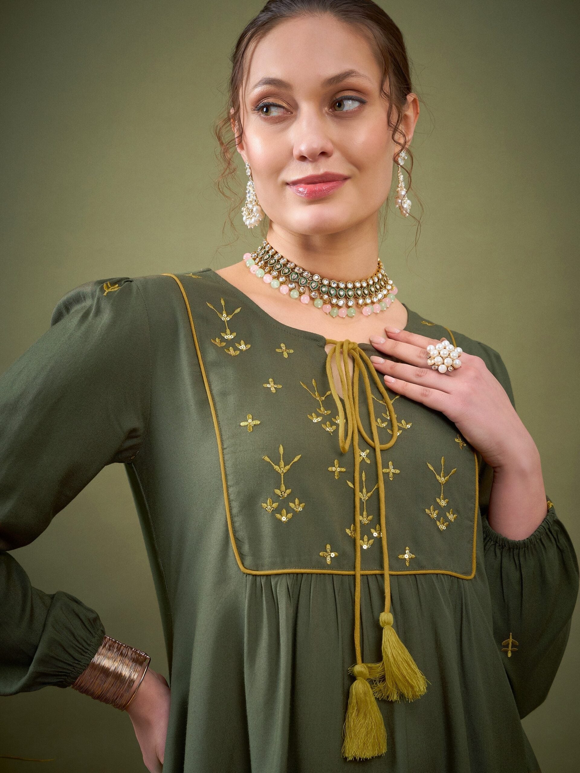 Women Olive Embroidered Peplum Top With Palazzos