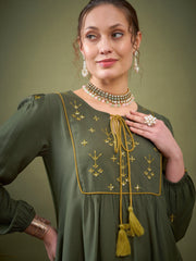 Women Olive Embroidered Peplum Top With Palazzos