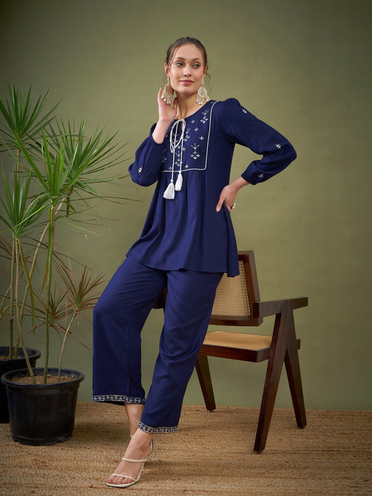 Women Royal Blue Embroidered Peplum Top With Palazzos